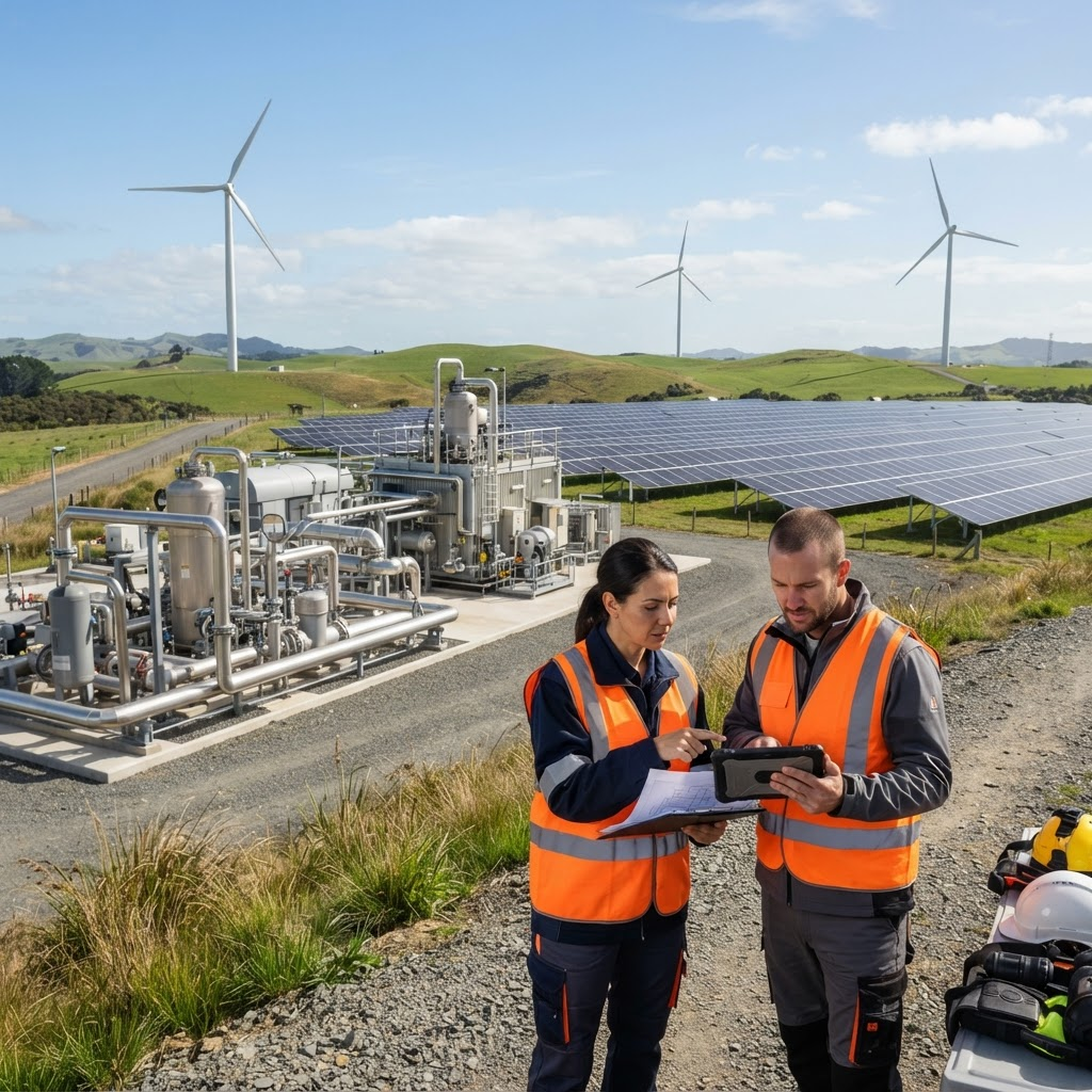 Green energy infrastructure with pipelines, solar panels and engineers on site