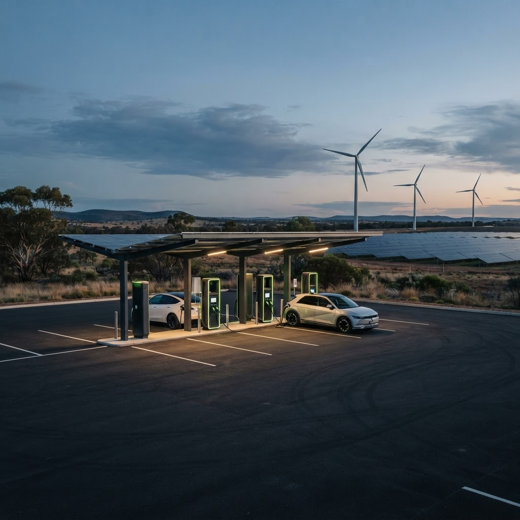EV charging station with solar panels and wind turbines at dusk